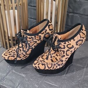 L.A.M.B. Black and Tan Leopard Y2K Wedges